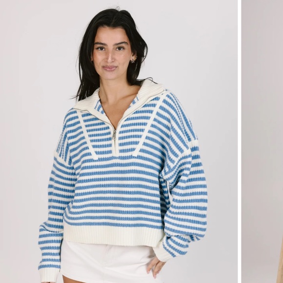 Grey Bandit Sweaters - Grey Bandit Blue & White Striped Half-Zip Sweater